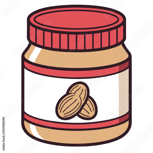 Cartoon jar of peanut butter with peanuts on the label isolated on white background