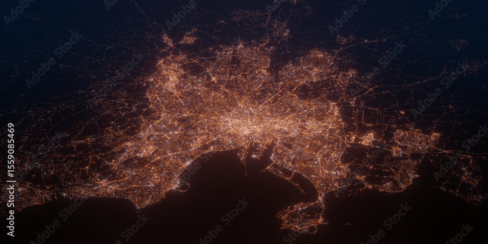 Fototapeta premium Dublin (Ireland) night view with street lights. Aerial shot from space. perspective view heading west, . 3d render, Illustration
