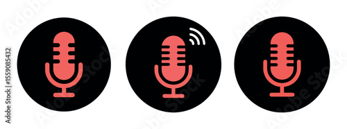 Red Microphone Icon set on Black Circle – Vector Voice Recording Symbol