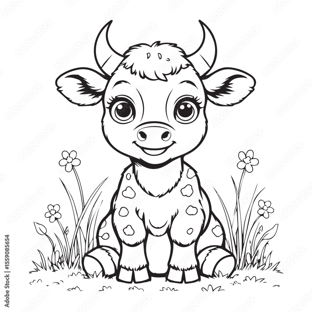 A charming cartoon calf sits amidst a field of flowers, isolated on white background A charming cartoon calf sits amidst a field of flowers, isolated on white background