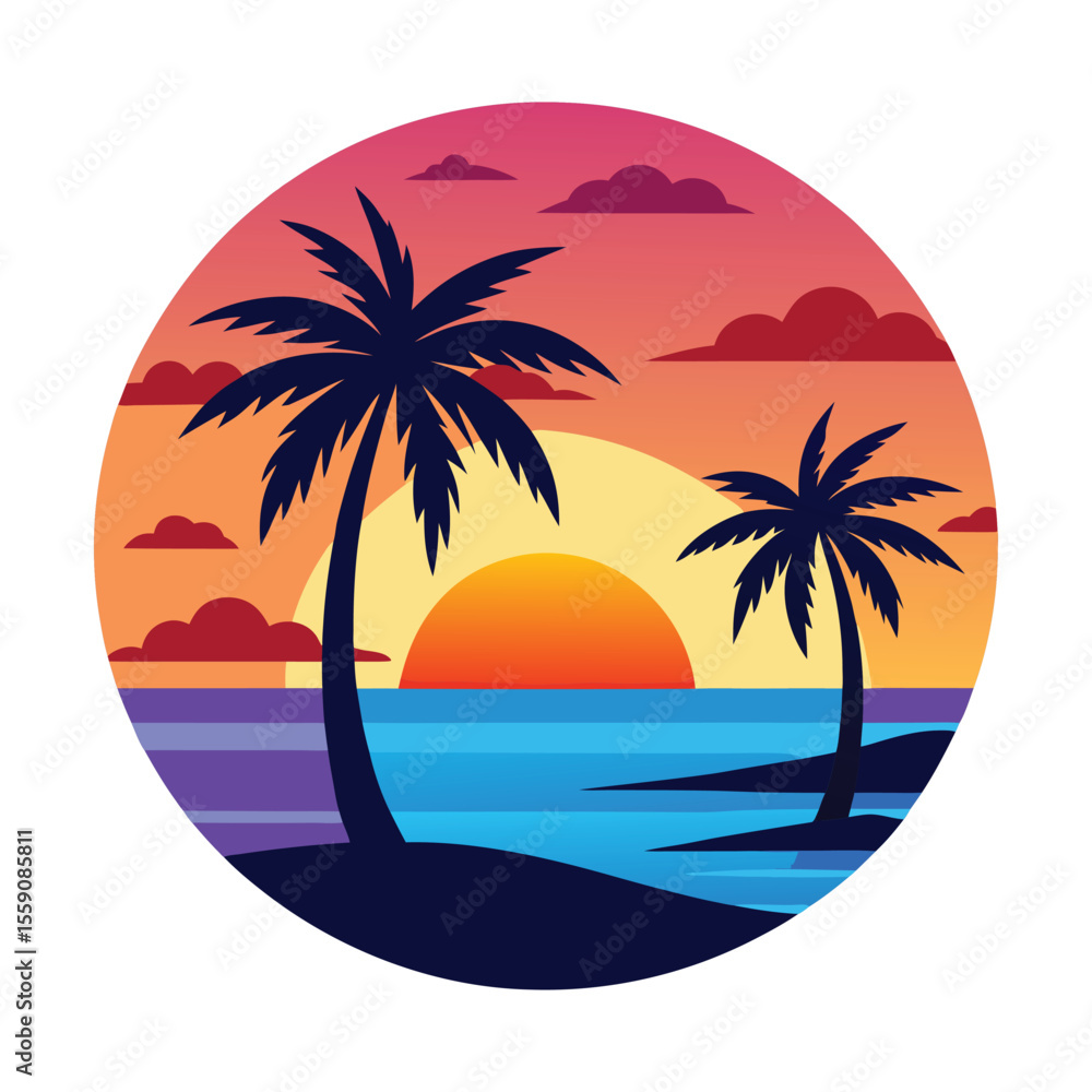 Obraz premium Stunning Sunset Beach Scene Palm Trees Ocean View
