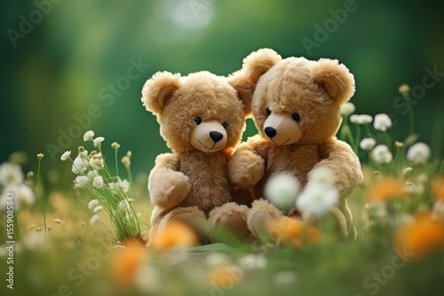 Two teddy bears are enjoying a peaceful moment together in a field of wildflowers