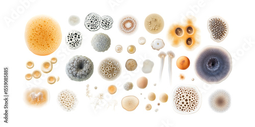 Pack Collection Microscopic Fungi Collection Diverse Species of Mold and Spores set against transparent background