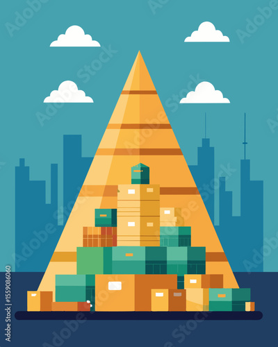 A massive pyramid of surplus products standing tall and imposing in the middle of a warehouse.. Vector illustration