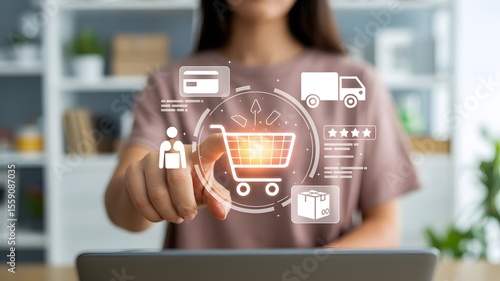 Woman shopping online with digital touch, showcasing modern ecommerce and seamless digital transactions, featuring a shopping cart and delivery icons.