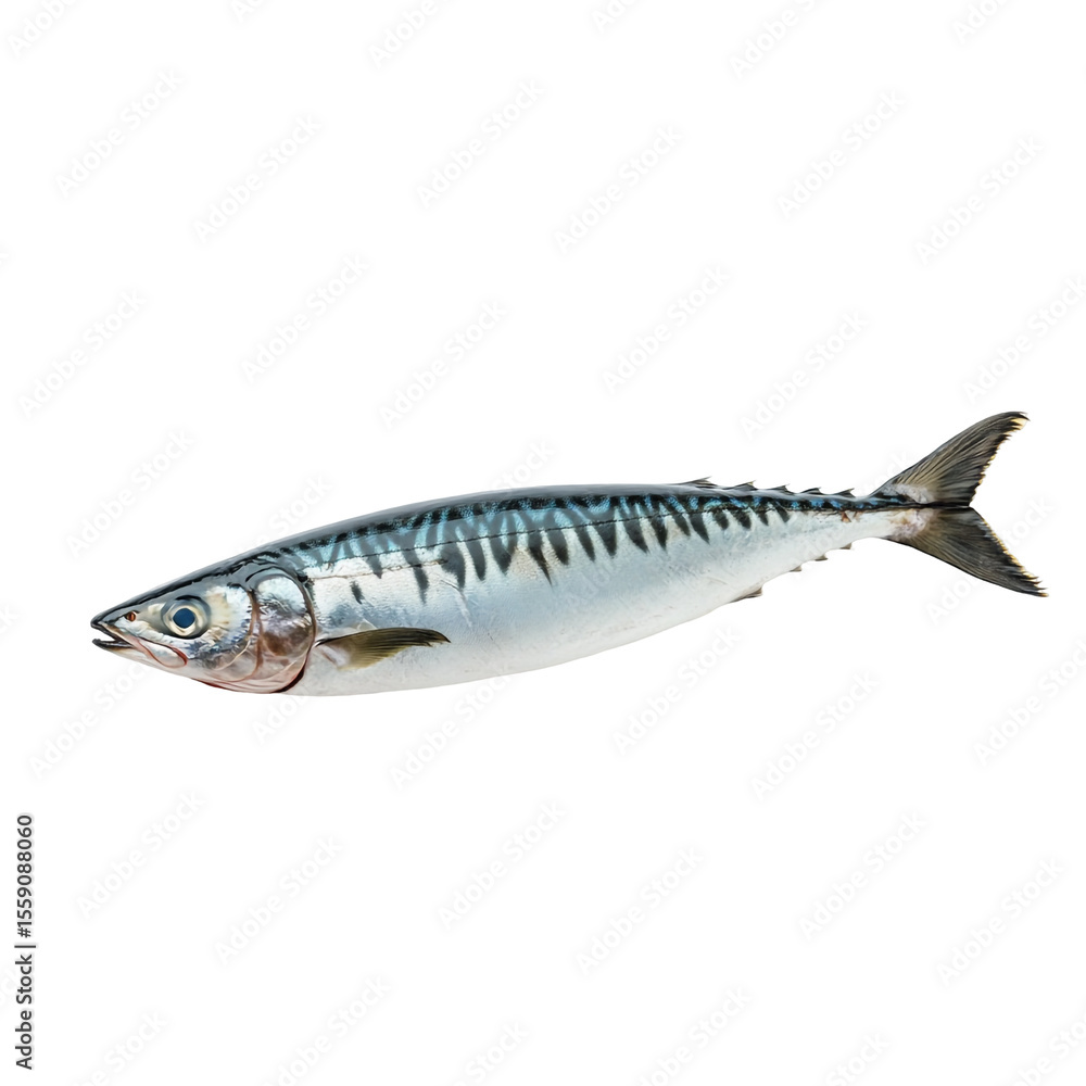 A single mackerel fish isolated on black background showcasing its detailed texture and silvery blue stripes A single mackerel fish isolated on black background showcasing its detailed texture and silvery blue stripes