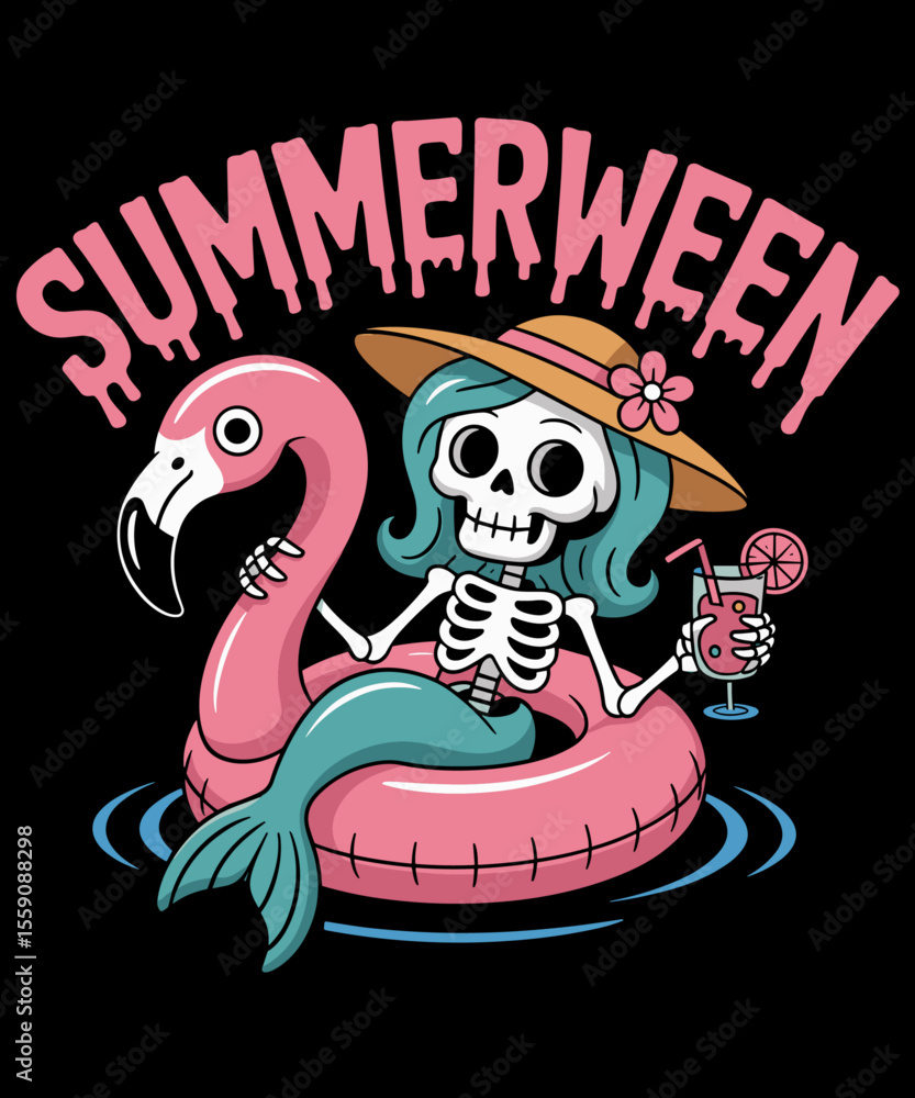 Fototapeta premium Summerween Mermaid Skeleton Beach Flamingo Halloween