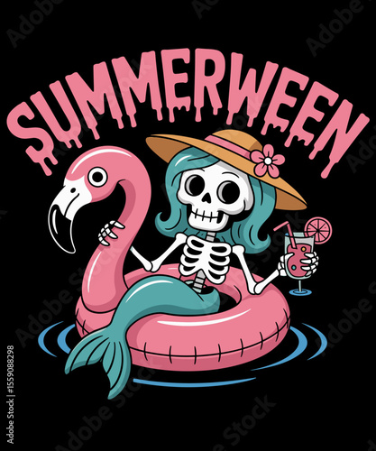 Summerween Mermaid Skeleton Beach Flamingo Halloween