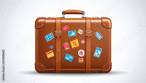 A well-worn brown vintage suitcase adorned with numerous travel stickers, suggesting past adventures and journeys.