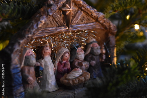 Close-Up of Wooden Nativity Scene with Figurines