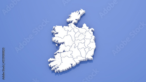 3D Render of Ireland Map with State Borders on Blue Background.