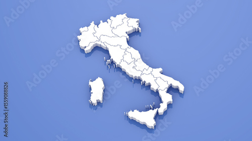 3D Render of Italy Map with State Borders on Blue Background.