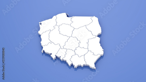 3D Render of Poland Map with State Borders on Blue Background.