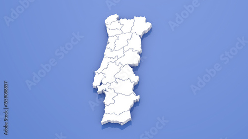 3D Render of Portugal  Map with State Borders on Blue Background.