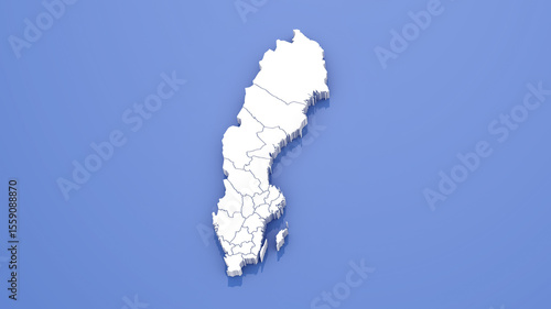 3D Render of Sweden Map with State Borders on Blue Background.