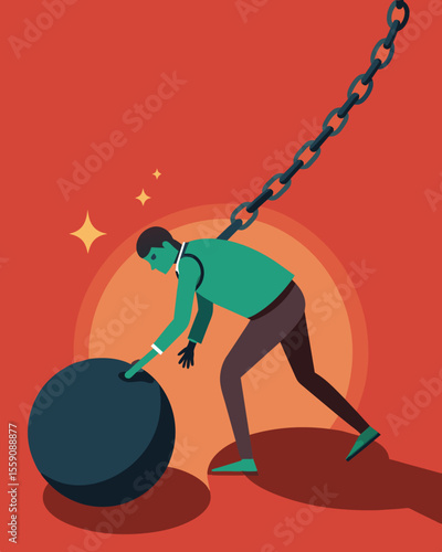 The weight of stress chains dragging a person down into a pit of despair and exhaustion.. Vector illustration