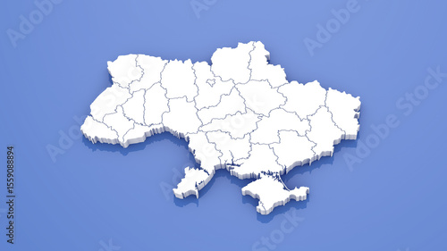 3D Render of Ukraine Map with State Borders on Blue Background.