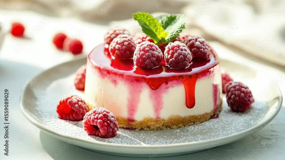 A rich cheesecake with golden crust is decorated with juicy raspberries, glossy red sauce, and fresh green mint leaves on a white plate, creating an inviting, elegant, and delicious gourmet dessert. A rich cheesecake with golden crust is decorated with juicy raspberries, glossy red sauce, and fresh green mint leaves on a white plate, creating an inviting, elegant, and delicious gourmet dessert.