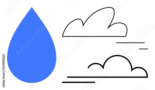 Large blue droplet with two black cloud outlines and simple line accents. Ideal for weather, environment, water, sustainability, minimalism, design, simple landing page