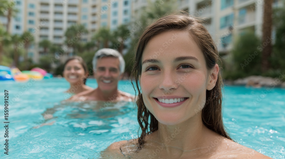 Woman is smiling while swimming in a pool with two other people Woman is smiling while swimming in a pool with two other people