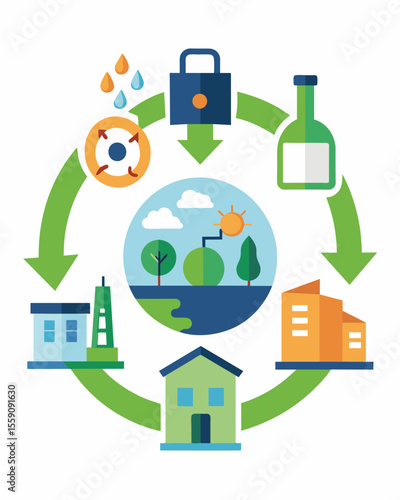 A diagram showing the circular economy approach where products are kept in use for as long as possible then recovered and regenerated into new products reducing the need for virgin. Vector
