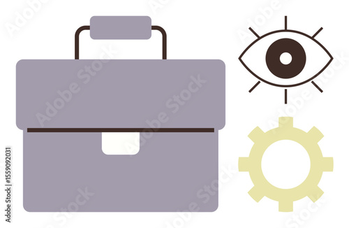 Briefcase symbolizing business, eye for vision, and gear representing process. Ideal for work culture, efficiency, strategy, innovation, career growth teamwork planning. Flat and simple metaphor
