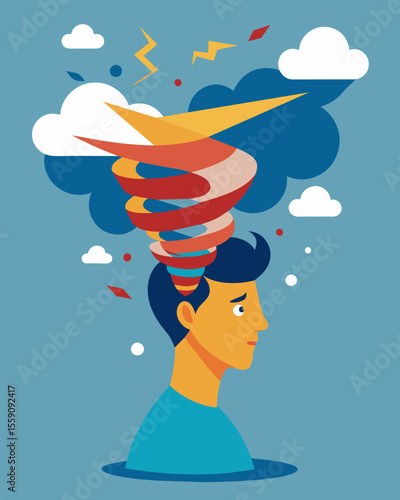 A twister of conflicting cognitions ripping through the persons mind and making it difficult to find stability or clarity.. Vector illustration