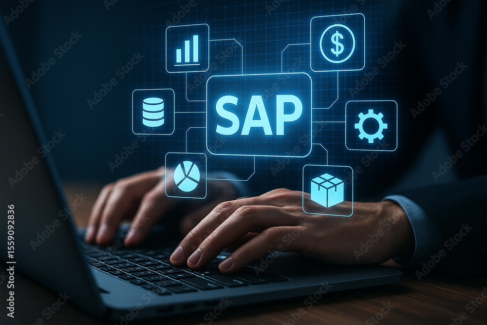 Person typing on laptop with sap graphic overlay showing data and business related icons around it Person typing on laptop with sap graphic overlay showing data and business related icons around it