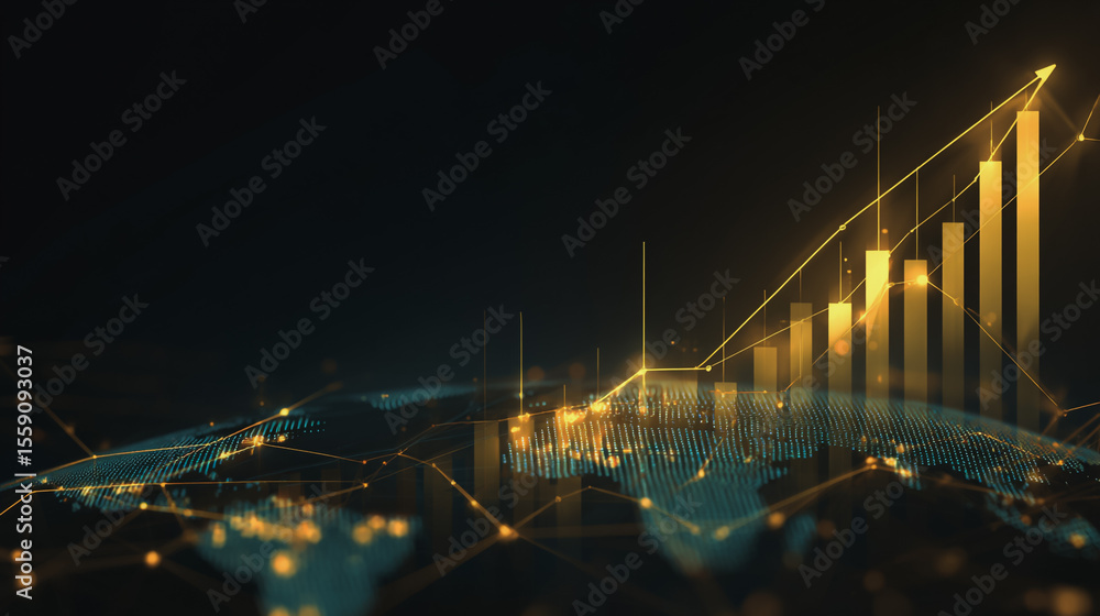 Obraz premium finance Abstract black background uptrend arrow with candlesticks and bar chart show innovation of economy business statistics with Earth network with glowing nodes and triangle polygon linesIt