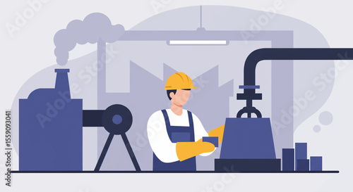 An illustration depicts a factory worker in a hard hat and safety gloves operating industrial machinery, with smokestacks and pipes against a light blue background.