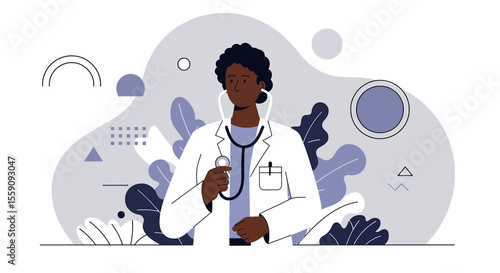 a doctor wearing a white coat and holding a stethoscope, surrounded by abstract geometric shapes and plants. Suitable for landing page, banner, marketing, web design, presentation, infographic, etc.
