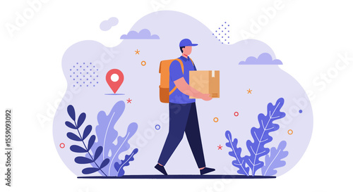 A friendly delivery person with a backpack walks through a stylized urban landscape carrying a package for efficient service.