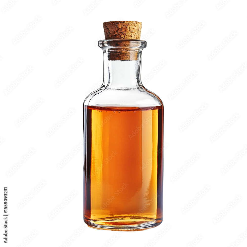 Amber liquid in a glass bottle with a cork stopper on a black background Amber liquid in a glass bottle with a cork stopper on a black background