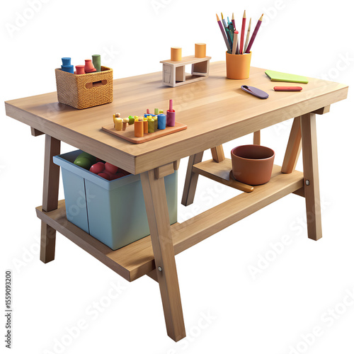 Wooden child's art table with coloring supplies and creative toys for playtime