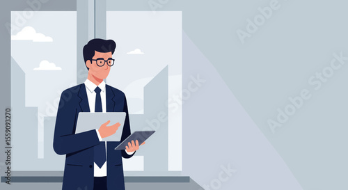 A young businessman in a suit and glasses stands in an office with a tablet and documents, against the backdrop of a cityscape through the window.
