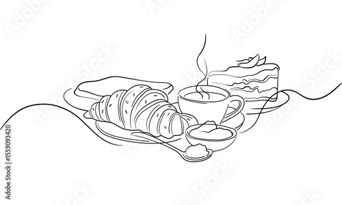 Croissant and coffee with a piece of cake, drawn in one line style. Breakfast theme with lineart sauce and coffee for logo and posters, simple sketch design. Vector illustration 