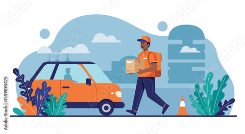 A delivery man in an orange uniform walks with a package towards an orange car in a city, showcasing efficient and modern logistics solutions.