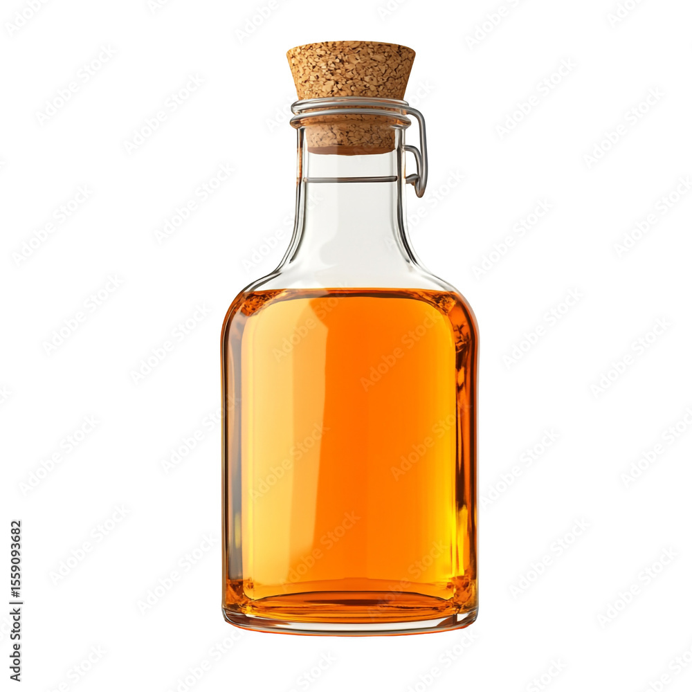 Amber liquid in a clear glass bottle with a cork top Amber liquid in a clear glass bottle with a cork top