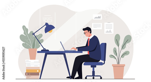 A professional man in a suit is working diligently at his desk, typing on his laptop with a focused expression, surrounded by plants and office supplies.