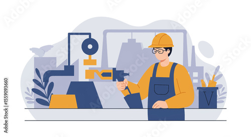 A skilled male worker in a hard hat and overalls operates industrial machinery on a production line within a modern factory setting, depicted in a flat illustration style.