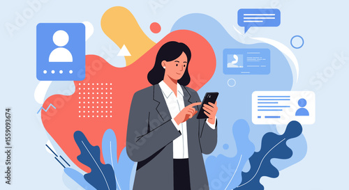a woman in a suit is looking at her phone