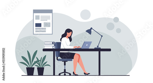 A focused businesswoman works diligently on her laptop at a modern office desk, surrounded by minimalist decor in a professional setting.