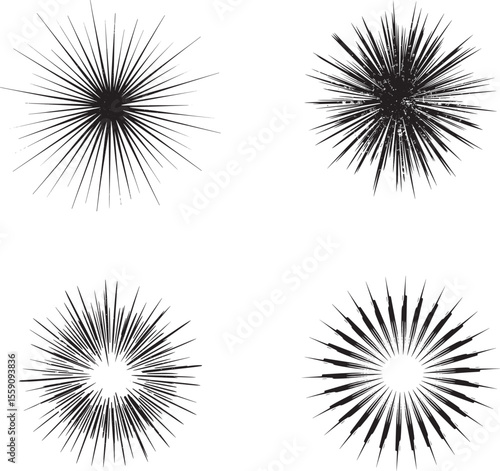 Four abstract black starbursts and radial lines with grunge texture isolated on transparent background