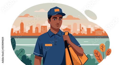 a delivery person standing in front of a city skyline with a body of water in the background. Suitable for landing page, banner, marketing, web design, presentation, infographic, etc.
