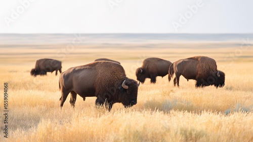 Herd of buffalo are grazing in a field