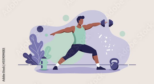 A digitally illustrated man in activewear exercises with dumbbells, a kettlebell, and a water bottle, promoting fitness and healthy living on a neutral background.