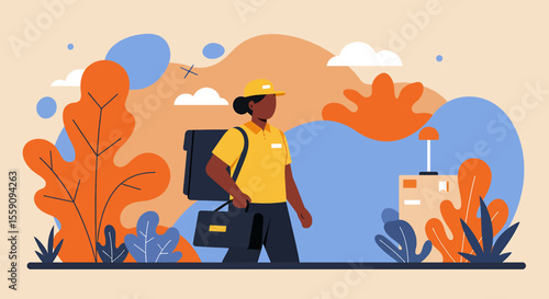 A delivery person with a backpack walks through a stylized urban landscape with abstract shapes and foliage.