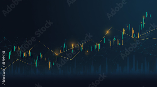 finance Abstract black background  uptrend arrow with candlesticks and bar chart show innovation of economy business statistics with Earth network with glowing nodes and triangle polygon linesIt 