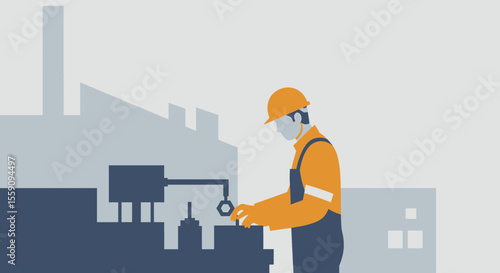 An illustration depicts a worker in a factory setting, wearing safety gear and operating machinery, emphasizing industrial processes and occupational safety protocols.