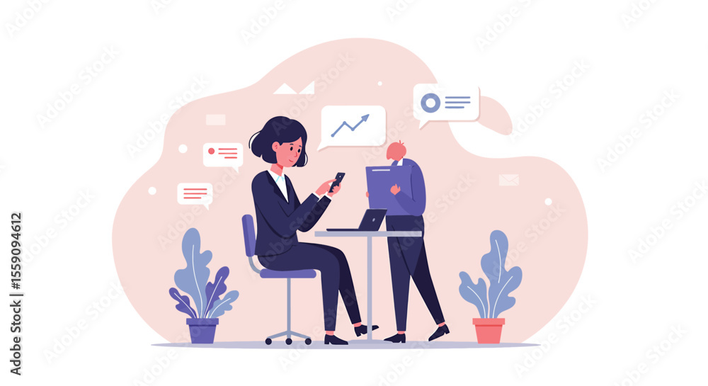 a business scene with two individuals, one seated and one standing, both engaged with their devices. Suitable for landing page, banner, marketing, web design, presentation, infographic, etc. a business scene with two individuals, one seated and one standing, both engaged with their devices. Suitable for landing page, banner, marketing, web design, presentation, infographic, etc.